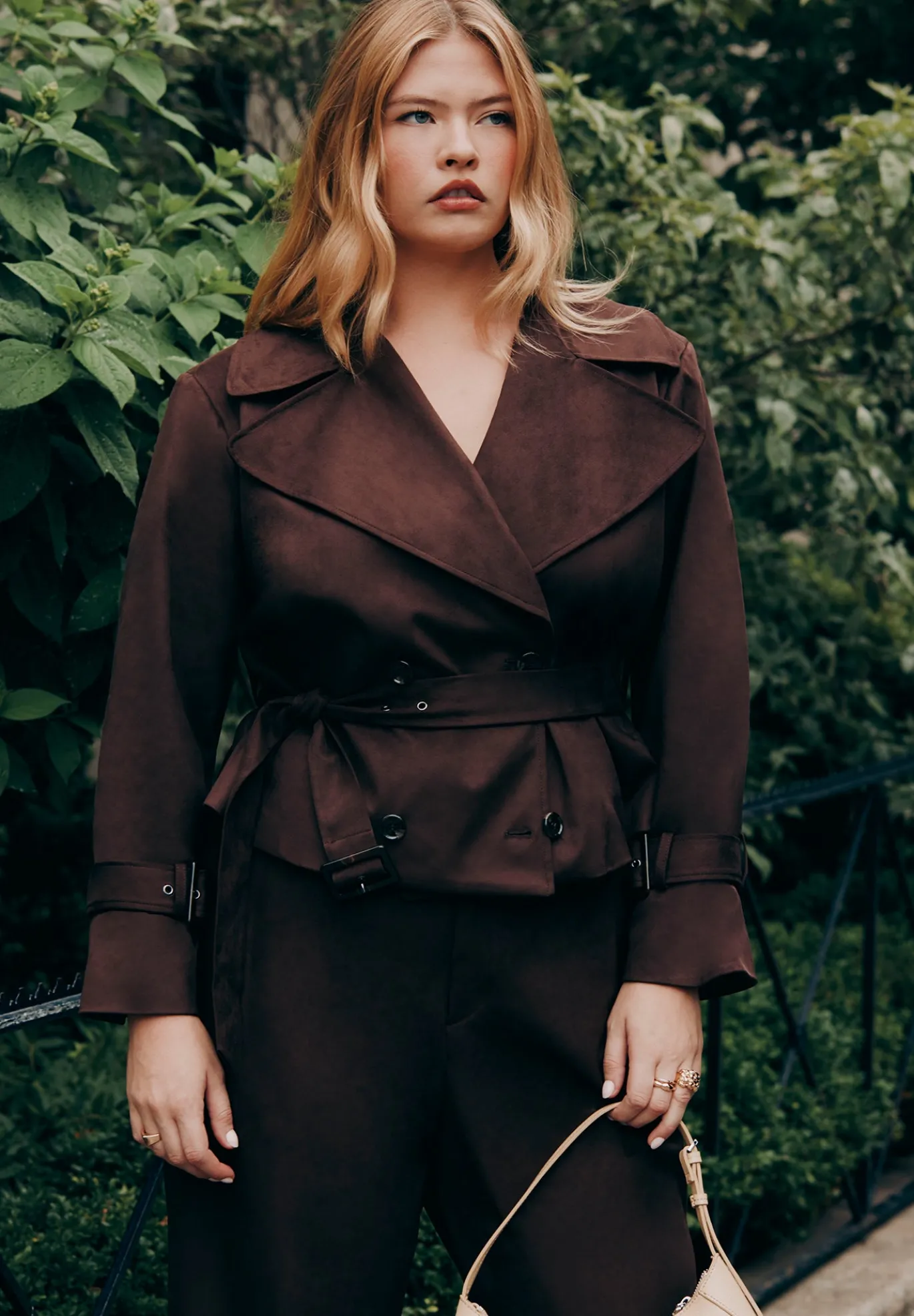 Cropped Faux Suede Trench Jacket