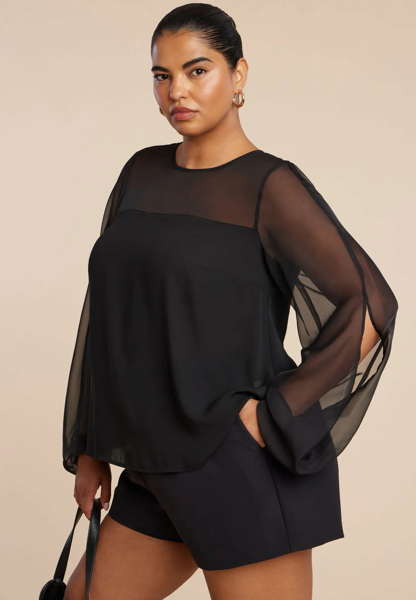 Draped Sheer Sleeve Blouse