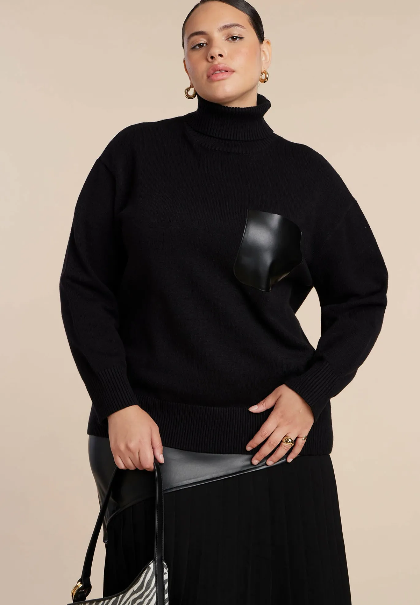 Faux Leather Pocket Turtleneck Sweater