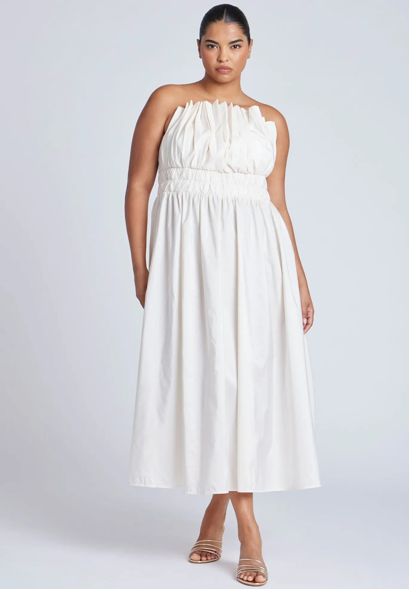 Pleated Ruffle Neckline Midi Dress