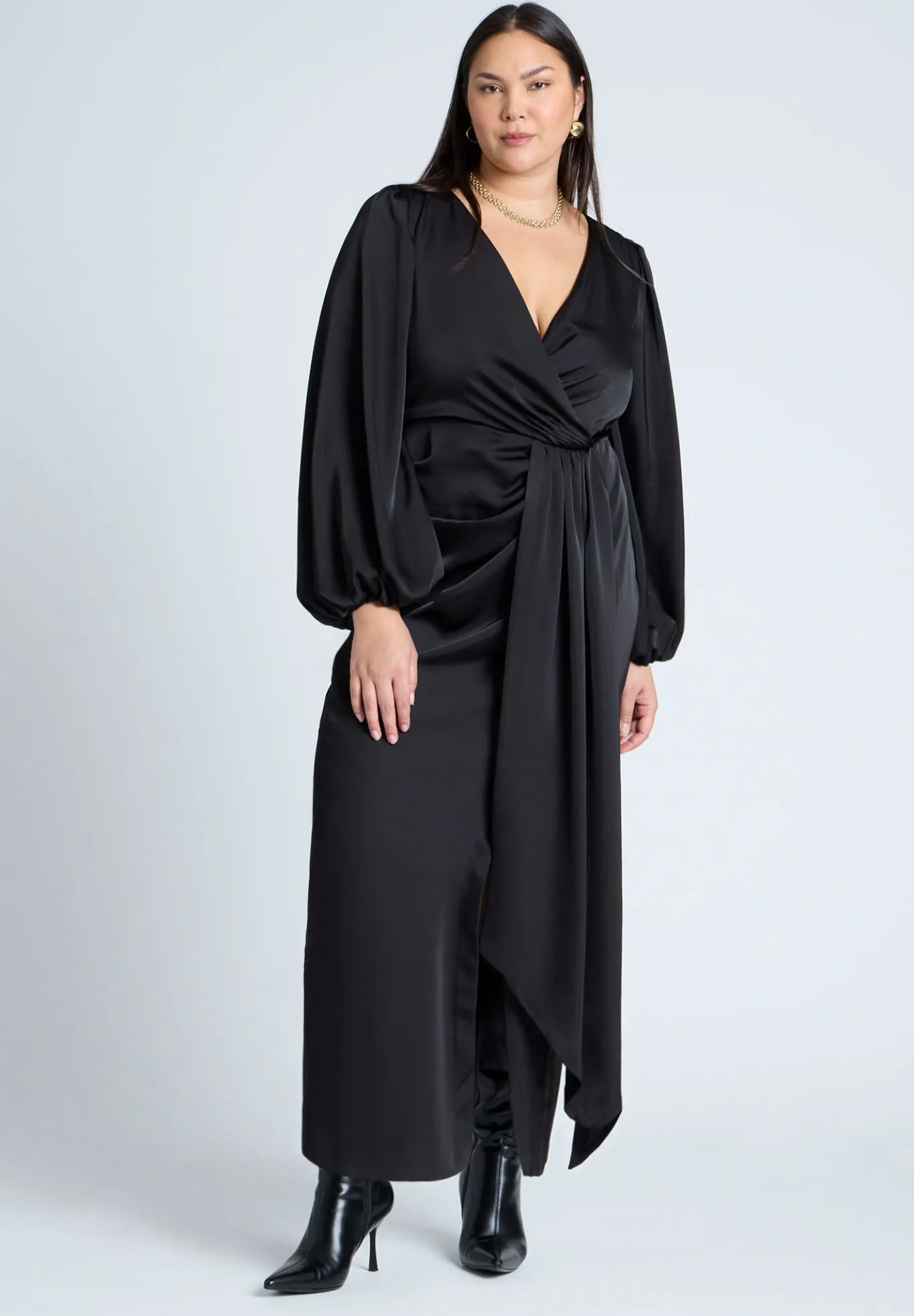 Satin Puff Sleeve Pleated Dress