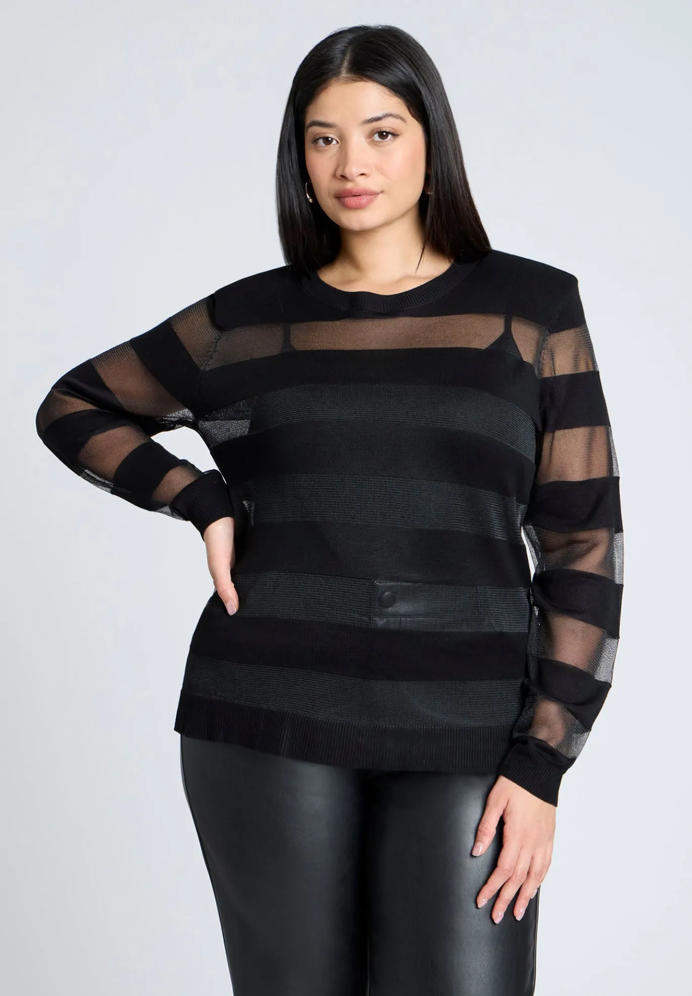 Sheer Stripe Sweater With Shoulder Pad