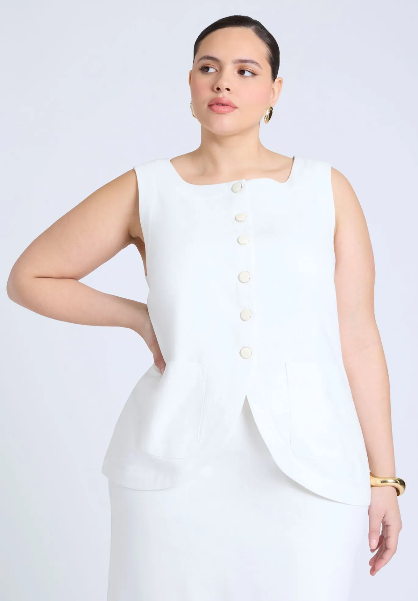 Square Neck Scoop Hem Linen Blend Vest