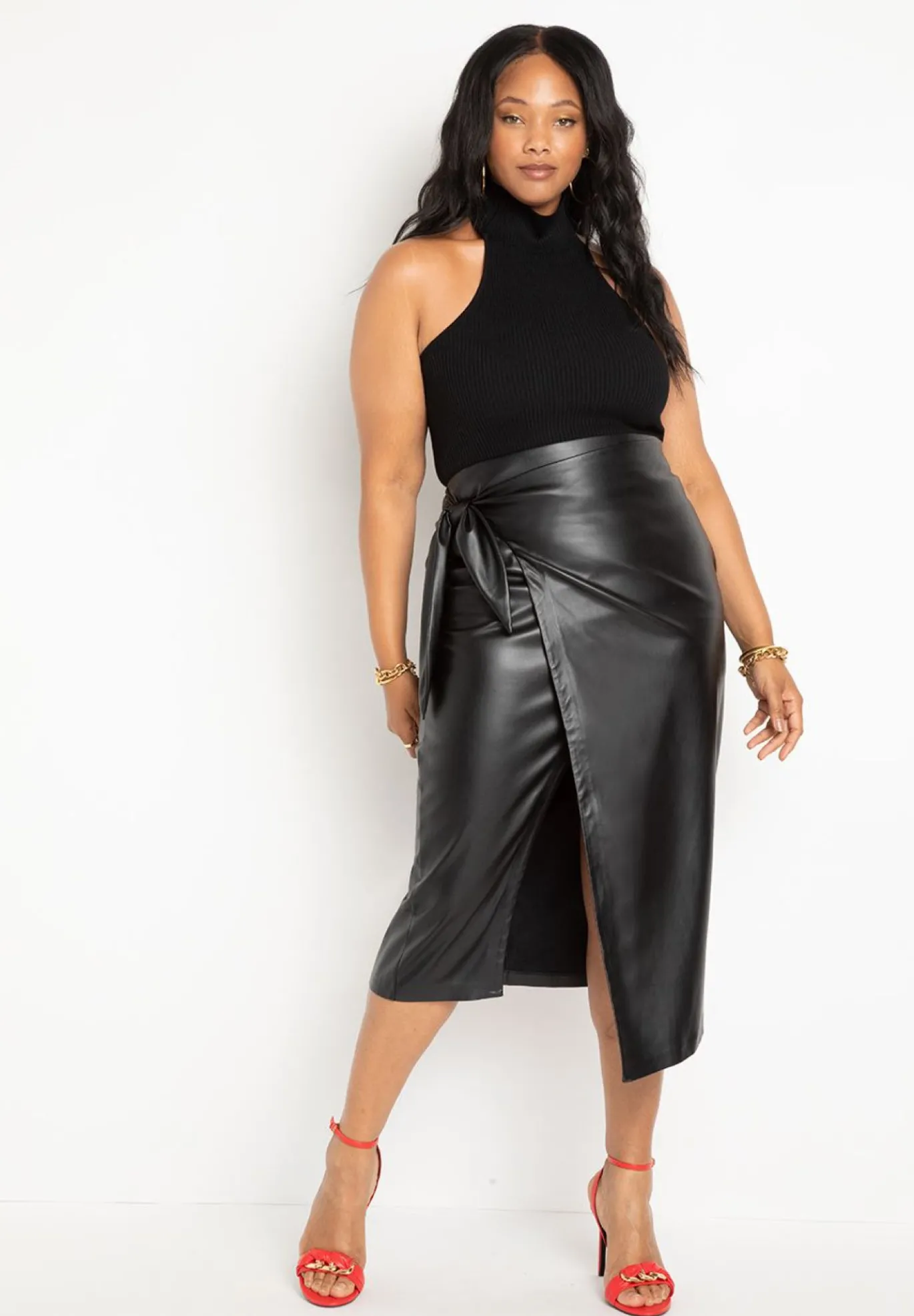 Wrap Front Faux Leather Midi Skirt
